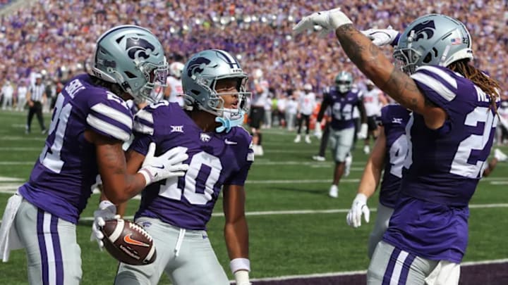Jacob Parrish (10) celebrates in the end zone after pulling in an interception in Manhattan, Kansas at Bill Snyder Family Stadium against Oklahoma State on Sep. 28, 2024. 