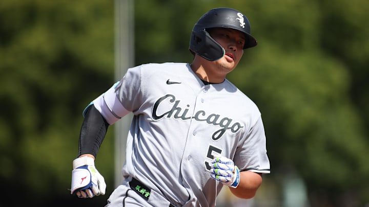 Apr 18, 2026; West Sacramento, California, USA; Chicago White Sox first baseman Munetaka Murakami (5) jogs around the bases after hitting a solo home run during the seventh inning against the Athletics at Sutter Health Park. Mandatory Credit: Scott Marshall-Imagn Images