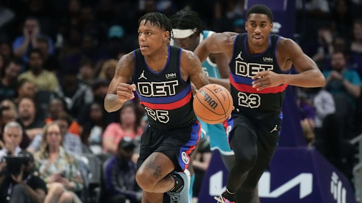 Oct 27, 2023; Charlotte, North Carolina, USA; Detroit Pistons guard Marcus Sasser (25) brings the ball up court with guard Jaden Ivey (23) : Jim Dedmon-Imagn Images