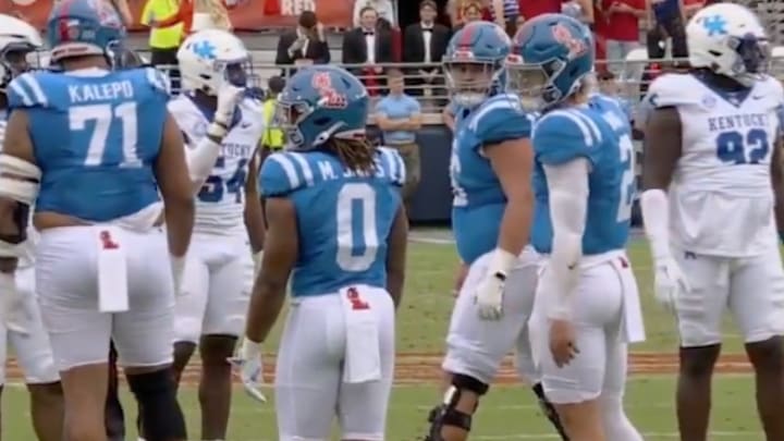 Ole Miss Rebels quarterback Jaxson Dart (No. 2) speaks to running back Matt Jones (No. 0) before a play during a game against the Kentucky Wildcats on Saturday, September 28. 