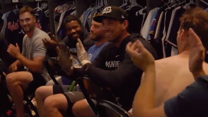 Brooks Lee celebrated in the St. Paul Saints locker room after getting told the Minnesota Twins were calling him up.