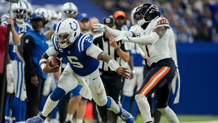 Jaylon Johnson shoves Anthony Richardson out of bounds in a Colts-Bears game last season. Jaylon Johnson shoves Anthony Richardson out of bounds in a Colts-Bears game last season.