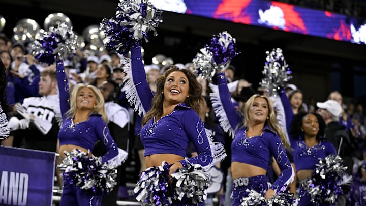 Nov 29, 2025; Fort Worth, Texas, USA; The TCU Horned Frogs showgirl dancer cheerleaders perform during the first half of the game against the Cincinnati Bearcats at Amon G. Carter Stadium. Mandatory Credit: Jerome Miron-Imagn Images Nov 29, 2025; Fort Worth, Texas, USA; The TCU Horned Frogs showgirl dancer cheerleaders perform during the first half of the game against the Cincinnati Bearcats at Amon G. Carter Stadium. Mandatory Credit: Jerome Miron-Imagn Images
