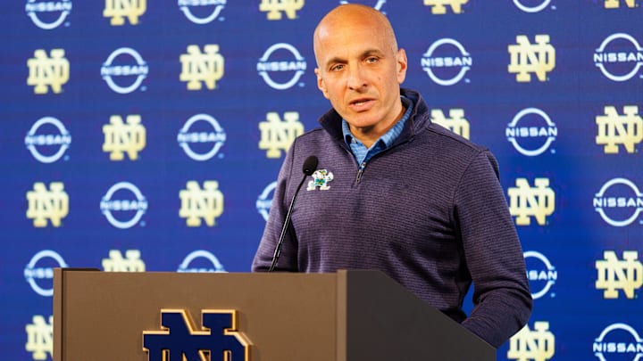 Pete Bevacqua, athletic director for the University of Notre Dame, announces Pat Garrity as the new men's and women's basketball general manager, during a press conference at Notre Dame Stadium on Thursday, May 22, 2025, in South Bend.