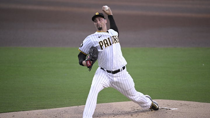 Aug 22, 2023; San Diego, California, USA; San Diego Padres starting pitcher Blake Snell (4) throws a