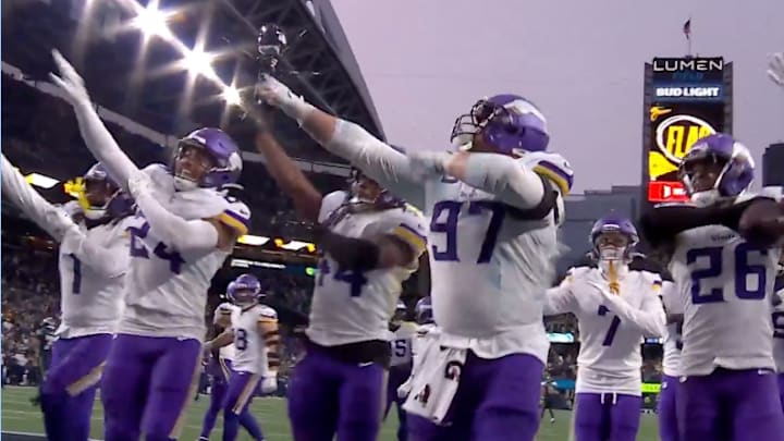 Minnesota Vikings defense celebrates an interception against the Seattle Seahawks