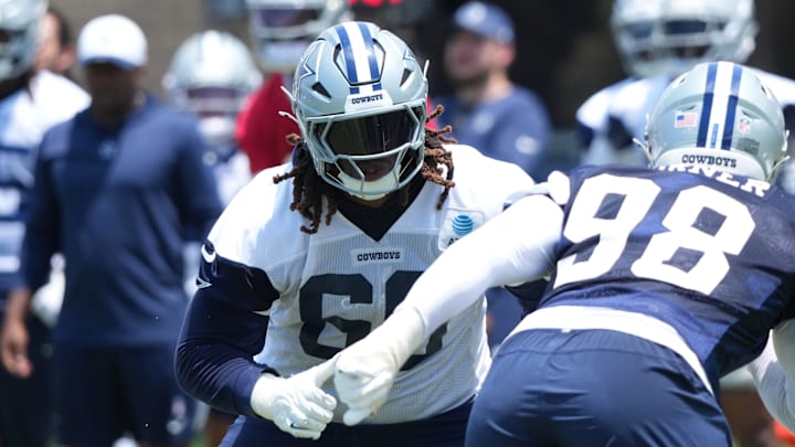 Dallas Cowboys tackle Tyler Guyton defends against defensive end Payton Turner during training camp.