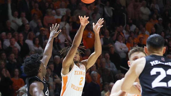 Jan 21, 2025; Knoxville, Tennessee, USA; Tennessee Volunteers guard Chaz Lanier (2) shoots a three-point basket against the Mississippi State Bulldogs during the first half at Thompson-Boling Arena at Food City Center. Mandatory Credit: Randy Sartin-Imagn Images