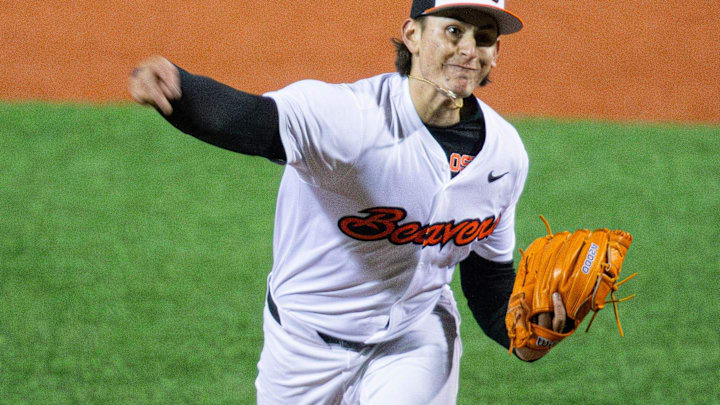 Oregon State's Eric Segura (16) pitches the ball during an NCAA college baseball game at Goss Stadium on Friday, March 7, 2025, in Corvallis, Ore.