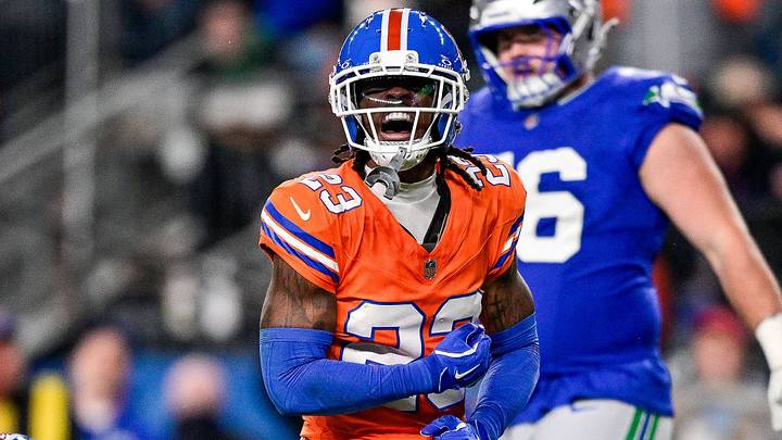 DENVER, CO - OCTOBER 15: Denver Broncos cornerback Jahdae Barron 23 celebrates after a defensive play during a game between the Seattle Seahawks and the Denver Broncos at Empower Field at Mile High on October 15, 2026 in Denver, Colorado. 