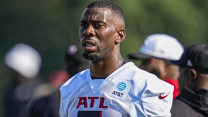 Atlanta Falcons tight end Kyle Pitts (8) is shown on the field during training camp at IBM Performance Field.