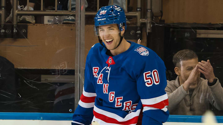 Apr 5, 2026; New York, New York, USA; New York Rangers left wing Will Cuylle (50) celebrates his hat trick goal against the Washington Capitals during the third period at Madison Square Garden. Mandatory Credit: Danny Wild-Imagn Images Apr 5, 2026; New York, New York, USA; New York Rangers left wing Will Cuylle (50) celebrates his hat trick goal against the Washington Capitals during the third period at Madison Square Garden. Mandatory Credit: Danny Wild-Imagn Images