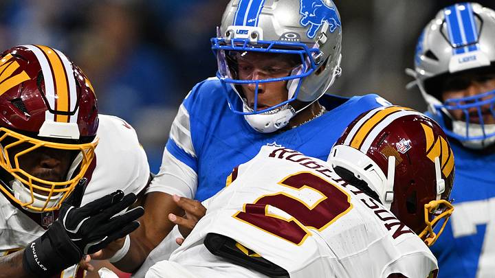 Aug 22, 2026; Detroit, Michigan, USA; Washington Commanders cornerback Amik Robertson (2) forces a fumble on Detroit Lions quarterback Joshua Dobbs (6) in the first quarter at Ford Field. Mandatory Credit: Lon Horwedel-Imagn Images Aug 22, 2026; Detroit, Michigan, USA; Washington Commanders cornerback Amik Robertson (2) forces a fumble on Detroit Lions quarterback Joshua Dobbs (6) in the first quarter at Ford Field. Mandatory Credit: Lon Horwedel-Imagn Images