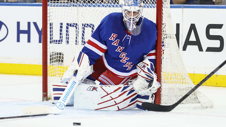 Apr 17, 2025; New York, New York, USA;  New York Rangers goaltender Igor Shesterkin (31) defends the net in the second period against the Tampa Bay Lightning at Madison Square Garden. Mandatory Credit: Wendell Cruz-Imagn Images