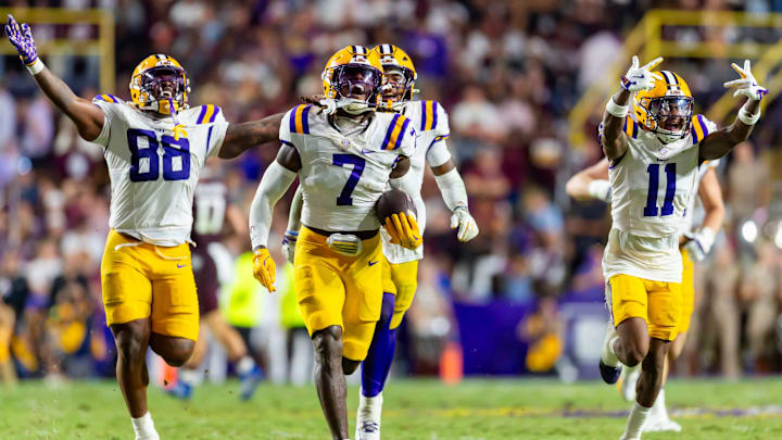 Harold Perkins Jr interception as LSU Tigers take on the Texas A&M Aggies. October 25, 2025; Baton Rouge, Louisiana, USA; at Tiger Stadium. Saturday, Oct. 25, 2025. Harold Perkins Jr interception as LSU Tigers take on the Texas A&M Aggies. October 25, 2025; Baton Rouge, Louisiana, USA; at Tiger Stadium. Saturday, Oct. 25, 2025.