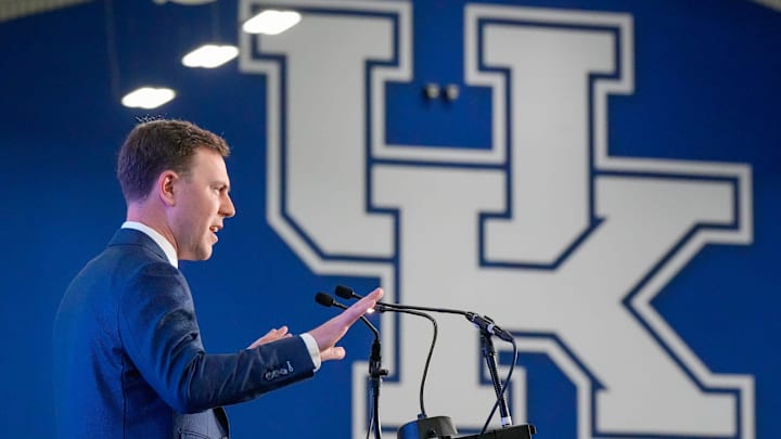 New Kentucky Wildcat head coach Will Stein makes remarks as he is introduced at Kentucky on Wednesday, December 3, 2025