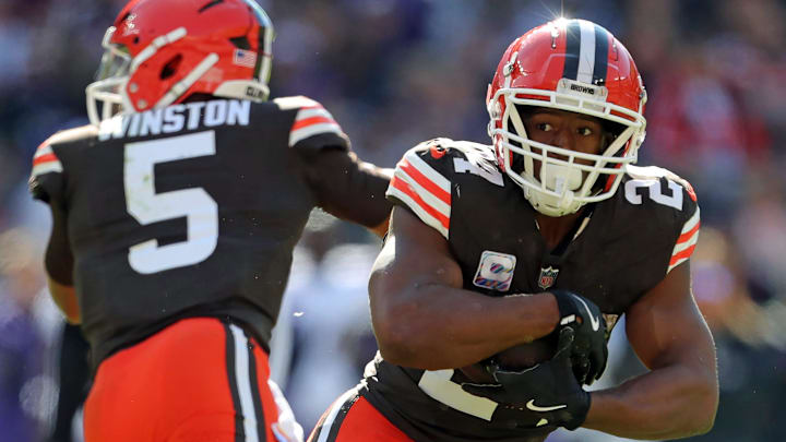 Cleveland Browns running back Nick Chubb (24) runs for yards during the first half against the Baltimore Ravens on Sunday, Oct. 27, 2024, in Cleveland, Ohio. Cleveland Browns running back Nick Chubb (24) runs for yards during the first half against the Baltimore Ravens on Sunday, Oct. 27, 2024, in Cleveland, Ohio.