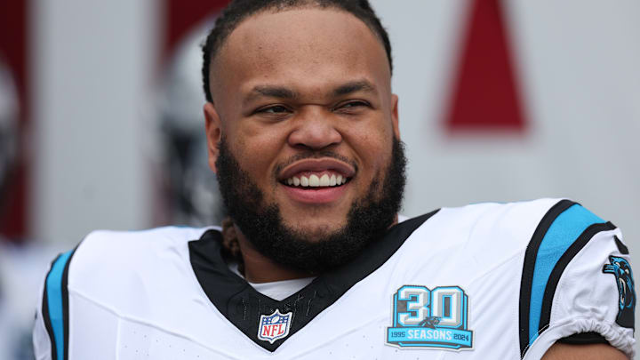 Dec 29, 2024; Tampa, Florida, USA; Carolina Panthers guard Robert Hunt (50) looks on before a game against the Tampa Bay Buccaneers at Raymond James Stadium. 
