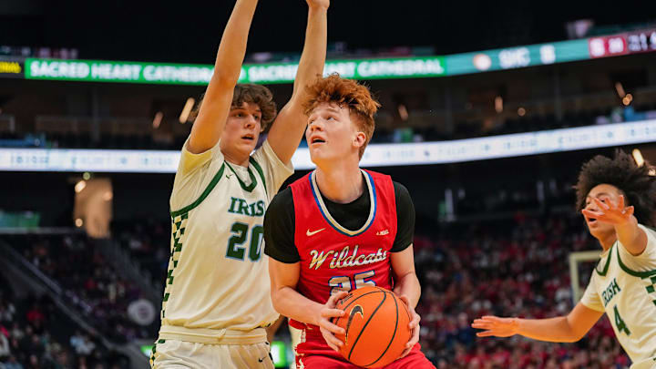 St. Ignatius' 6-8 freshman Alex Moore goes up for two of his 17 points in his team's resounding 78-42 win over Sacred Heart Cathedral in the annual Bruce-Mahoney trophy game at the Chase Center, home of the NBA's Golden State Warriors in San Francisco on 1-14-2025.
