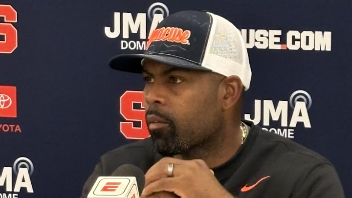October 25, 2025; Atlanta, Georgia, USA; Syracuse coach Fran Brown addresses the media Saturday afternoon following the Orange's 41-16 defeat to 7th ranked Georgia Tech at Bobby Dodd Stadium . Mandatory Credit: Brad Bierman, The Juice Online-On SI 