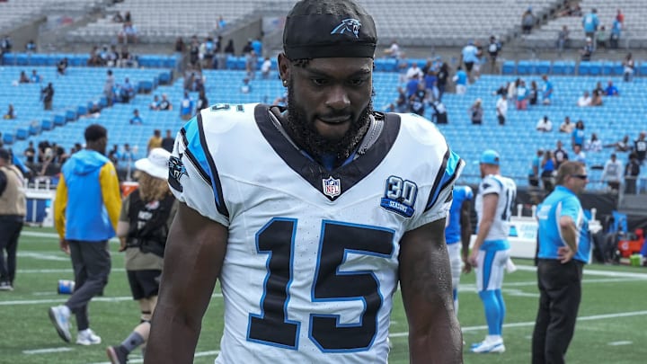 Carolina Panthers wide receiver Jonathan Mingo walks off the field after the second half against the Los Angeles Chargers.
