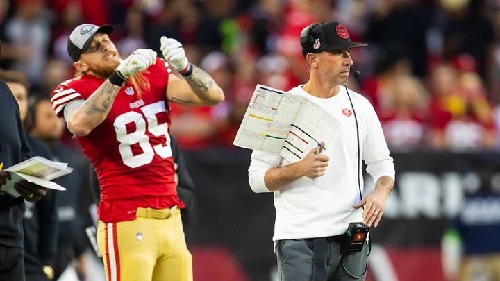 Dec 17, 2023; Glendale, Arizona, USA; San Francisco 49ers head coach Kyle Shanahan and tight end George Kittle (85) against the Arizona Cardinals at State Farm Stadium. Mandatory Credit: Mark J. Rebilas-USA TODAY Sports Dec 17, 2023; Glendale, Arizona, USA; San Francisco 49ers head coach Kyle Shanahan and tight end George Kittle (85) against the Arizona Cardinals at State Farm Stadium. Mandatory Credit: Mark J. Rebilas-USA TODAY Sports
