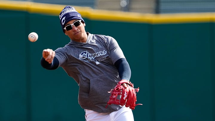 Columbus Clippers Juan Brito throws the ball to first base during practice at Huntington Park on Wednesday, March 25, 2026 in Columbus, Ohio.