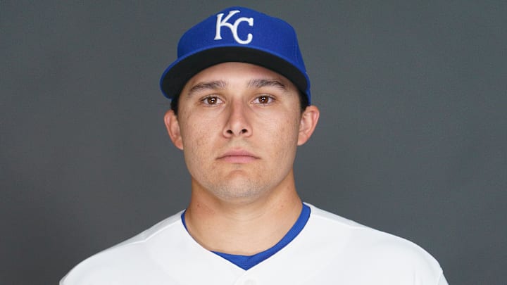 Feb 19, 2026; Surprise, AZ, USA; Kansas City Royals pitcher Eli Morgan (34) poses for a photo for MLB media day at Surprise Stadium. Mandatory Credit: Allan Henry-Imagn Images