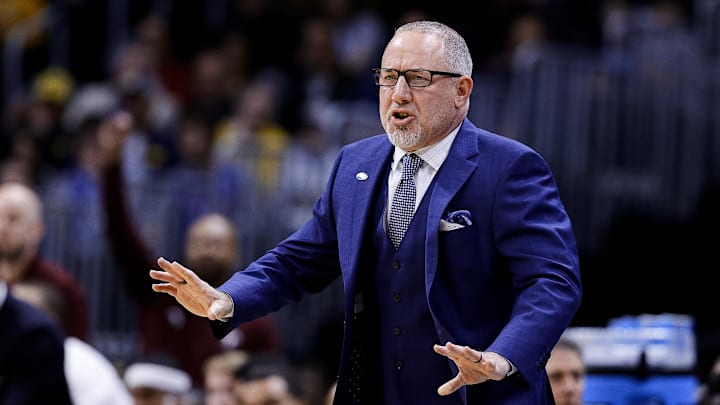 March 20, 2025; Denver, CO, USA; Texas A&M Aggies head coach Buzz Williams reacts during the first half against the Yale Bulldogs at Ball Arena. Mandatory Credit: Isaiah J. Downing-Imagn Images