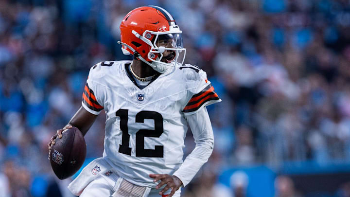Aug 8, 2025; Charlotte, North Carolina, USA; Cleveland Browns quarterback Shedeur Sanders (12) looks down field during the second quarter against the Carolina Panthers at Bank of America Stadium. Mandatory Credit: Scott Kinser-The USAToday Network via Imagn Images 