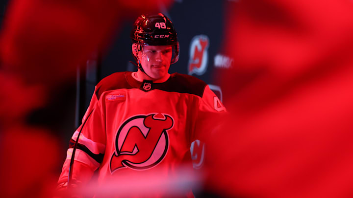 New Jersey Devils left wing Brian Halonen (48): Ed Mulholland-Imagn Images