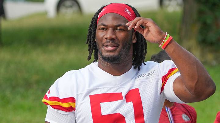 Jul 29, 2026; St. Joseph, MO, USA; Kansas City Chiefs defensive end R. Mason Thomas (51) walks down the hill to the practice fields during training camp at Missouri Western State University. Mandatory Credit: Denny Medley-Imagn Images