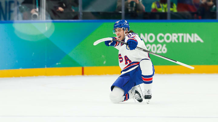 Jack Hughes (86) of the United States celebrates after scoring during the Milano Cortina 2026 Olympic Winter Games: Geoff Burke-Imagn Images