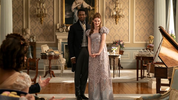 Bridgerton. (L to R) Victor Alli as John Stirling, Hannah Dodd as Francesca Bridgerton in episode 306 of Bridgerton. Cr. Liam Daniel/Netflix © 2024