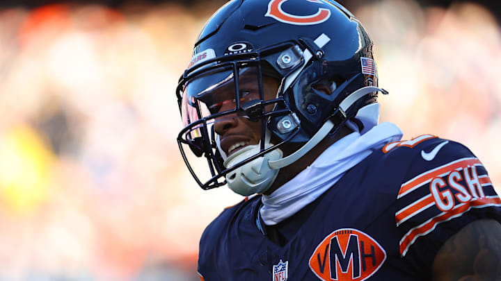 Nov 23, 2025; Chicago, Illinois, USA; Chicago Bears wide receiver DJ Moore (2) reacts during the second half at Soldier Field. Nov 23, 2025; Chicago, Illinois, USA; Chicago Bears wide receiver DJ Moore (2) reacts during the second half at Soldier Field.