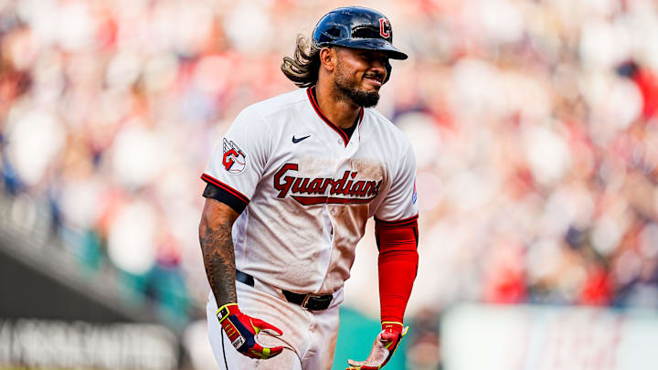 Cleveland Guardians shortstop Gabriel Arias (13) reacts to his homer during the home opening game against the Chicago Cubs, April 4, 2026, at Progressive Field in Cleveland, Ohio. Cleveland Guardians shortstop Gabriel Arias (13) reacts to his homer during the home opening game against the Chicago Cubs, April 4, 2026, at Progressive Field in Cleveland, Ohio.