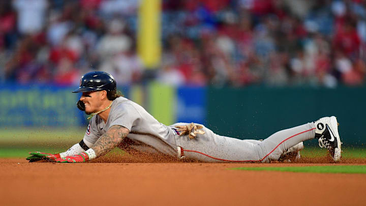 Jun 23, 2025; Anaheim, California, USA; Boston Red Sox left fielder Jarren Duran (16) reaches second on a double against the Los Angeles Angels during the fifth inning at Angel Stadium. Mandatory Credit: Gary A. Vasquez-Imagn Images