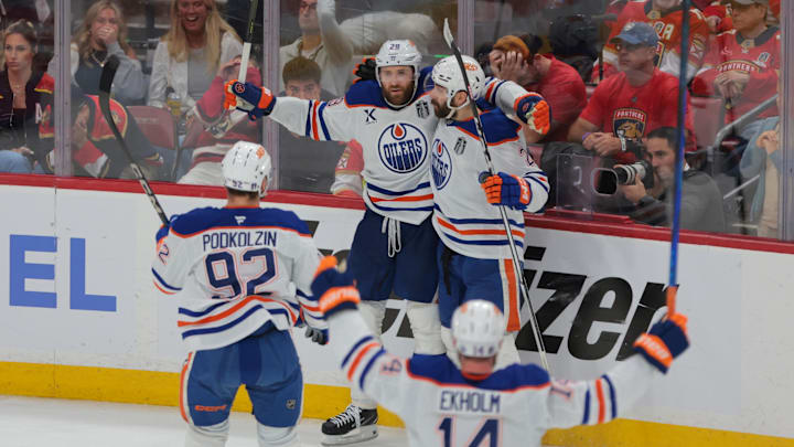 Edmonton Oilers center Leon Draisaitl celebrates scoring in overtime against the Florida Panthers in Game 4 of the Stanley Cup Final