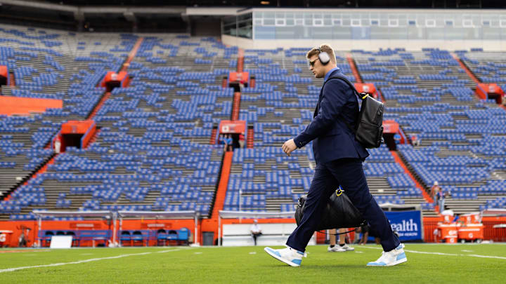 Oct 5, 2024; Gainesville, Florida, USA; Florida Gators defensive end Jack Pyburn (44) walks on the field during Gator Walk before a game against the UCF Knights at Ben Hill Griffin Stadium. Mandatory Credit: Matt Pendleton-Imagn Images
