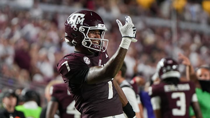 Aug 30, 2025; College Station, Texas, USA; Texas A&M Aggies wide receiver KC Concepcion (7) taunts the UTSA Roadrunners bench after an altercation in the second half at Kyle Field. Mandatory Credit: Sean Thomas-Imagn Images