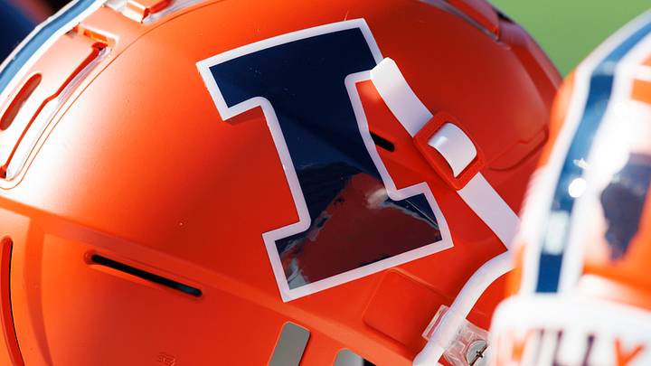 Oct 1, 2022; Madison, Wisconsin, USA;  Illinois Fighting Illini logo on a helmet during warmups prior to the game against the Wisconsin Badgers at Camp Randall Stadium. Mandatory Credit: Jeff Hanisch-USA TODAY Sports