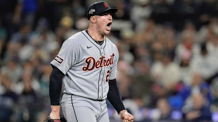 Tigers pitcher Tarik Skubal celebrates striking out Mariners catcher Cal Raleigh I the sixth inning of ALDS Game 5 at T-Mobile Park in Seattle on Friday, Oct. 10, 2025