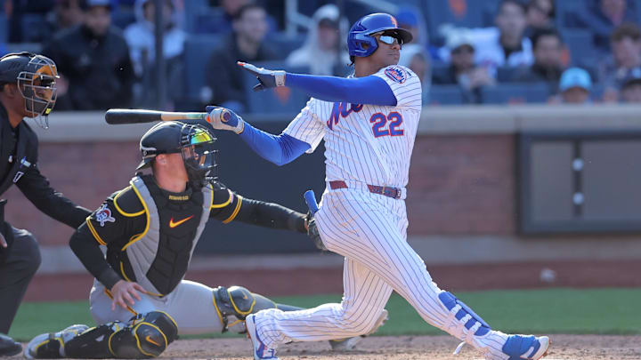 Mar 29, 2026; New York City, New York, USA; New York Mets left fielder Juan Soto (22) follows through on an RBI double against the Pittsburgh Pirates during the tenth inning at Citi Field. Mandatory Credit: Brad Penner-Imagn Images