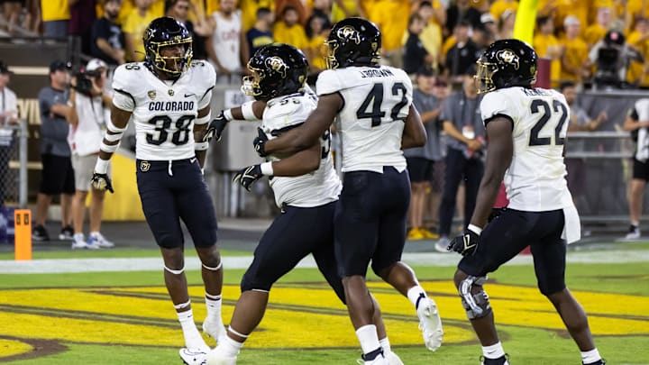 Oct 7, 2023; Tempe, Arizona, USA; Colorado Buffaloes defensive lineman Bishop Thomas (95) celebrates