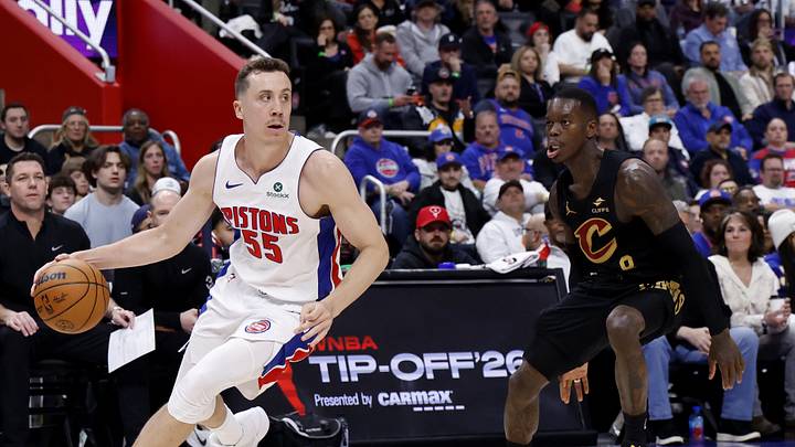 May 5, 2026; Detroit, Michigan, USA; Detroit Pistons forward Duncan Robinson (55) dribbles on Cleveland Cavaliers guard Dennis Schroder (8) in the second half during game one of the second round of the 2026 NBA Playoffs at Little Caesars Arena. Mandatory Credit: Rick Osentoski-Imagn Images