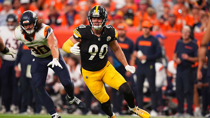 Sep 15, 2024; Denver, Colorado, USA; Pittsburgh Steelers linebacker T.J. Watt (90) during the second half against the Denver Broncos at Empower Field at Mile High. Mandatory Credit: Ron Chenoy-Imagn Images Sep 15, 2024; Denver, Colorado, USA; Pittsburgh Steelers linebacker T.J. Watt (90) during the second half against the Denver Broncos at Empower Field at Mile High. Mandatory Credit: Ron Chenoy-Imagn Images