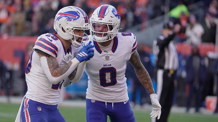 Buffalo Bills wide receiver Keon Coleman checks in with wide receiver Khalil Shakir on the play while they line up during first half action at Empower FIeld at Mile High in Denver, Colorado on Jan. 17, 2026. Buffalo Bills wide receiver Keon Coleman checks in with wide receiver Khalil Shakir on the play while they line up during first half action at Empower FIeld at Mile High in Denver, Colorado on Jan. 17, 2026.