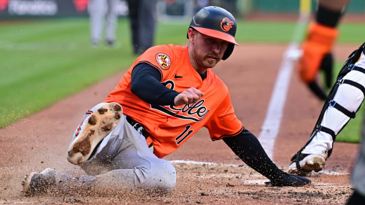 Apr 6, 2024; Pittsburgh, Pennsylvania, USA; Baltimore Orioles second baseman Jordan Westburg (11) slides home. Apr 6, 2024; Pittsburgh, Pennsylvania, USA; Baltimore Orioles second baseman Jordan Westburg (11) slides home.