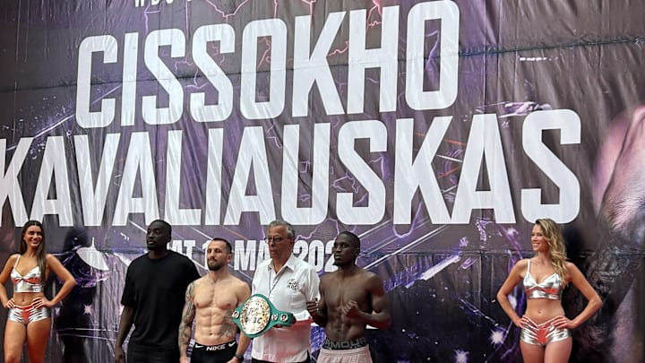 Cissokho set to face Kavaliauskas in Malabo seen here at the wiegh-in on May 9, 2025