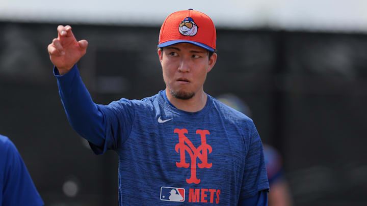 Feb 12, 2025; Port St. Lucie, FL, USA; New York Mets pitcher Kodai Senga (34) works during Spring Training workouts at Clover Park. Mandatory Credit: Sam Navarro-Imagn Images Feb 12, 2025; Port St. Lucie, FL, USA; New York Mets pitcher Kodai Senga (34) works during Spring Training workouts at Clover Park. Mandatory Credit: Sam Navarro-Imagn Images